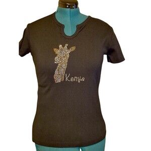 PUNCH Des Womens T-Shirt Rhinestone Bling Black Fitted Tee Crystal Giraffe KENYA